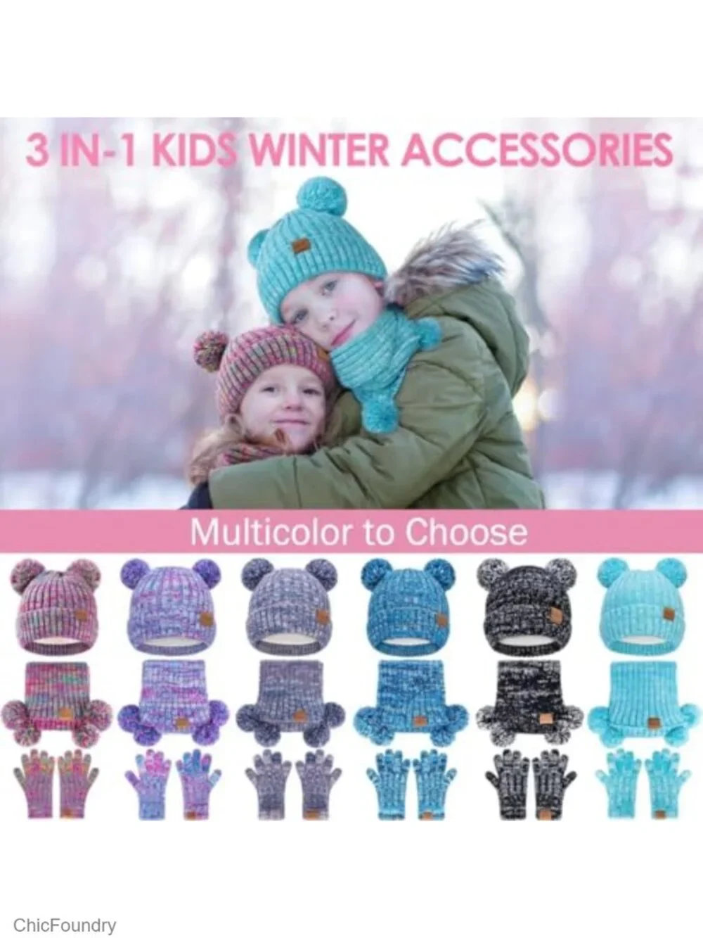 Kids Winter Hat Gloves Scarf Set Beanie with Pom Knit Neck Warmer Gaiter